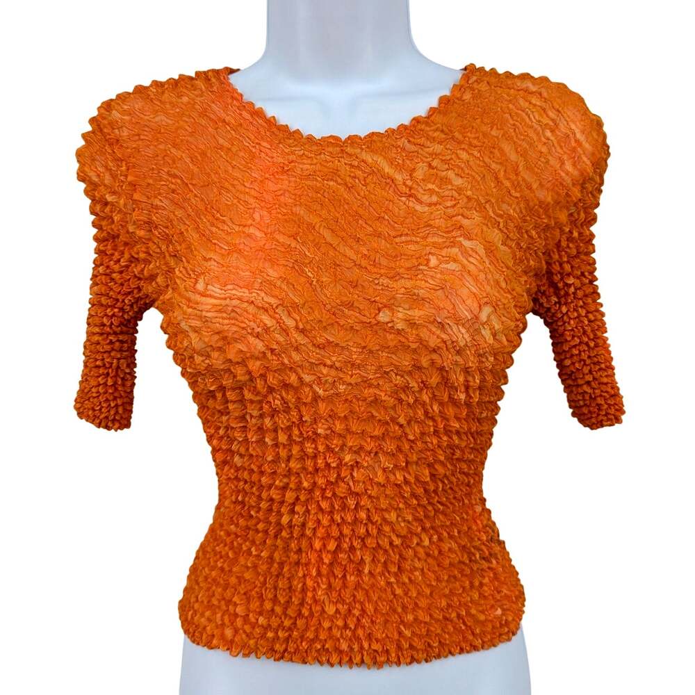 Y2K 90s Cache Popcorn Bubble Top One Size Orange Stretch Crinkle Knit Shirt